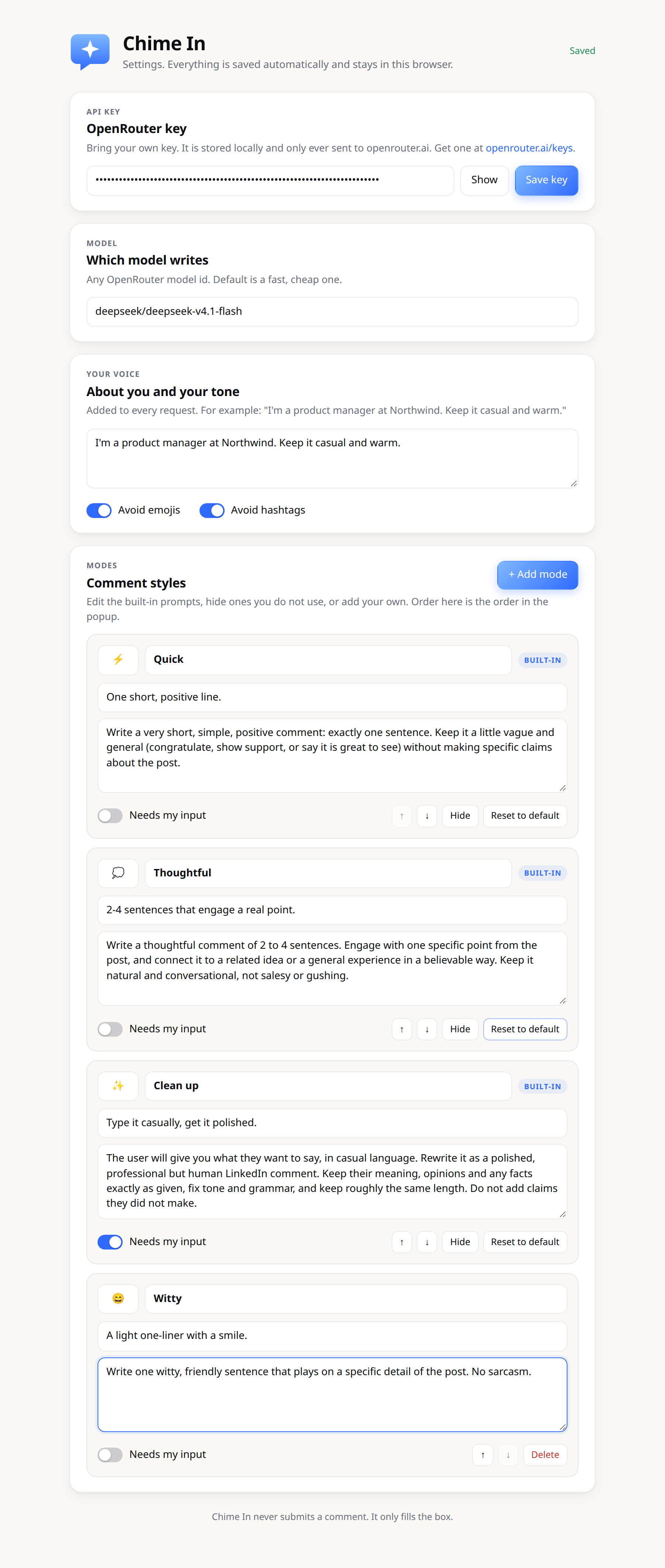 Chime In settings page showing editable prompts, custom modes and an About me field