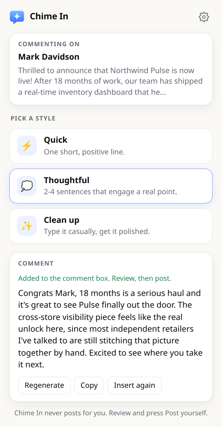 The Chime In popup after a comment was written into the comment box