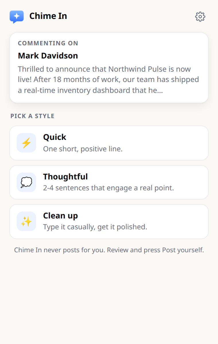 The Chime In popup with Quick, Thoughtful and Clean up modes